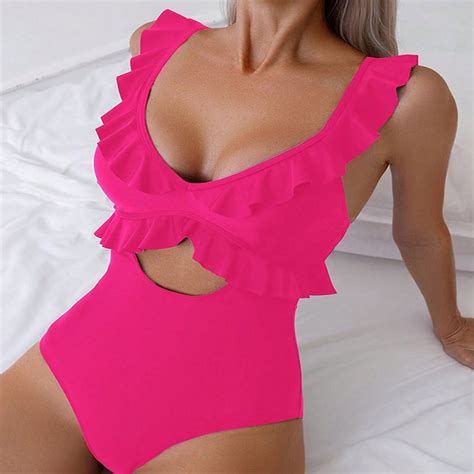 Generic 2025 New Pure Color Ruffles One-Piece Swimsuit for Women Halter