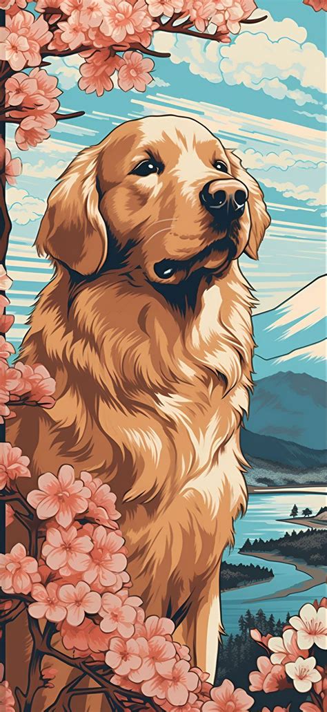 golden retriever  ukiyo  style  mountains  river aesthetic