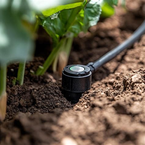 A closeup of a smart irrigation system using soil moisture sensors to ...