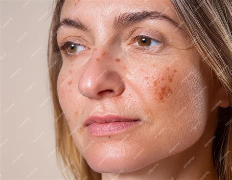 Closeup of Woman Face with Actinic Keratosis Freckles Age Spots