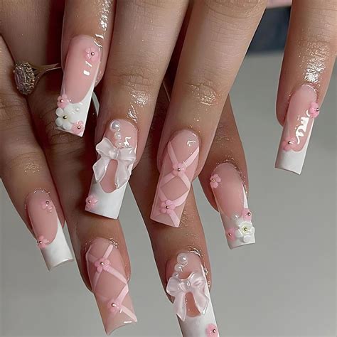 Square Press on Nails Long Coffin Fake Nails with Designs 3D Bow charm
