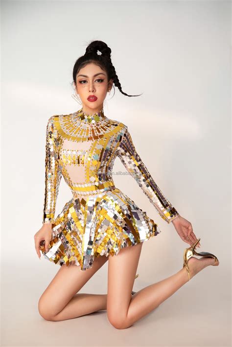 Sexy Gold Bling Glitter Sequins Bodysuit A Line Skirt Birthday Prom