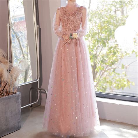 Pink Prom Dress Long Long Sleeve Dress Butterfly Sequins | Etsy