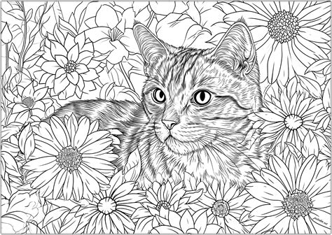 Un joli chat très réaliste, avec de nombreuses fleurs à colorier