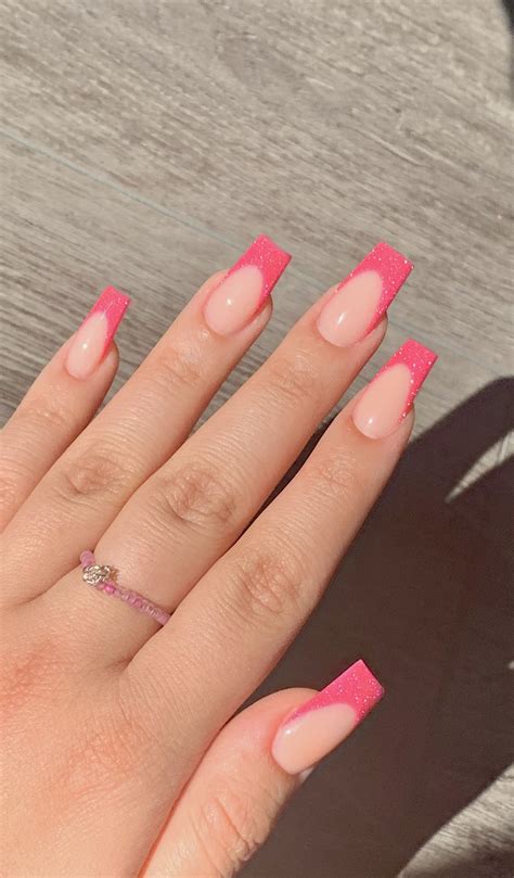 pink shimmer french tips | Pink tip nails, French tip acrylic nails