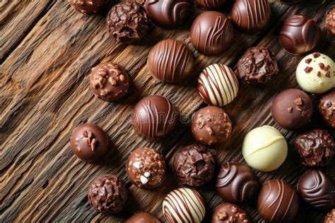 Dark, Milk and White Chocolate Candies, Pralines, Truffles on Wooden