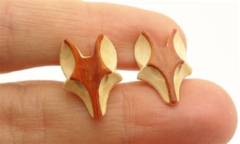 handmade wooden fox stud earrings exotic padauk  burl etsy wood