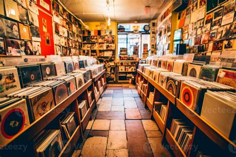An interior shot of a retro record store with shelves filled with vinyl
