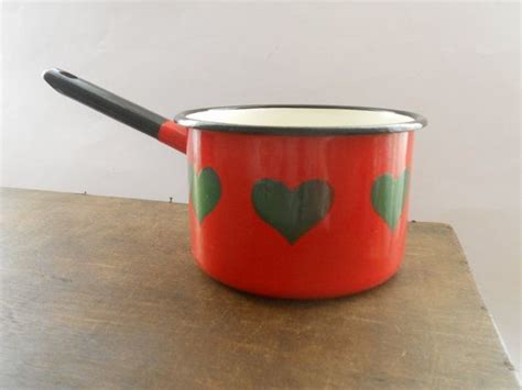 vintage small enamel pot red green enamel pot enamelware etsy green