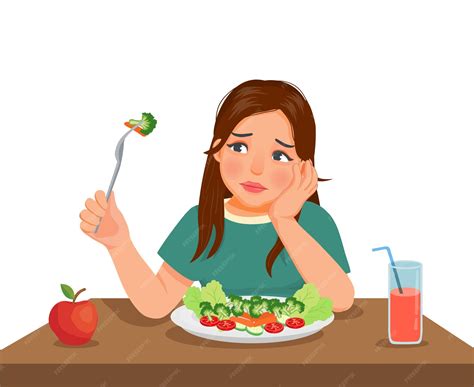 Premium Vector | Young woman has no appetite to eat food sitting in