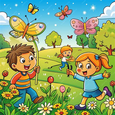 Una imagen de dibujos animados de un niño y una niña corriendo en un