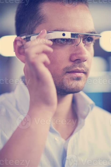 man using virtual reality gadget computer glasses 31036897 Stock Photo
