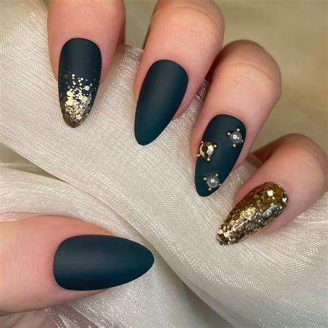Deep Green and Gold Glitter Almond Nails – Nails By Georgia