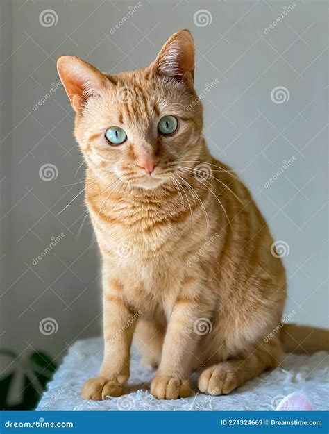 A Flaxen Cat Standing, Looking Curious, Light Green Eyes, Sitting at a ...
