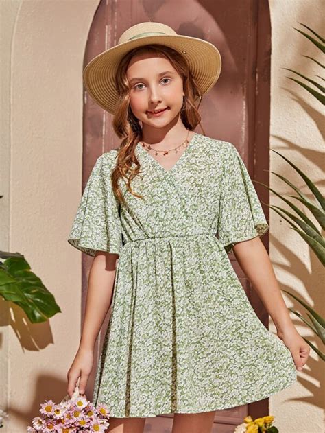 SHEIN Kids SUNSHNE Girls Allover Floral Print Overlap Collar Dress ...