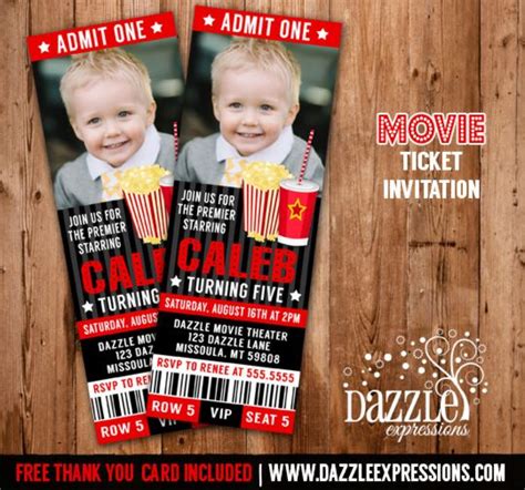 Printable Movie Ticket Birthday Invitation | Photo Invite | Movie Night | Hollywood | Kids ...