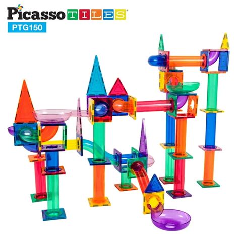 PicassoTiles Marble Run 150-Piece Magnetic Tile Race Track Toy Play Set STEM Building & Learning ...