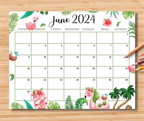 EDITABLE June 2024 Calendar, Joyful Summer With Cute Gnomes & Coconut