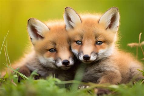 Premium AI Image | Wild red fox cubs next to each other on the green grass