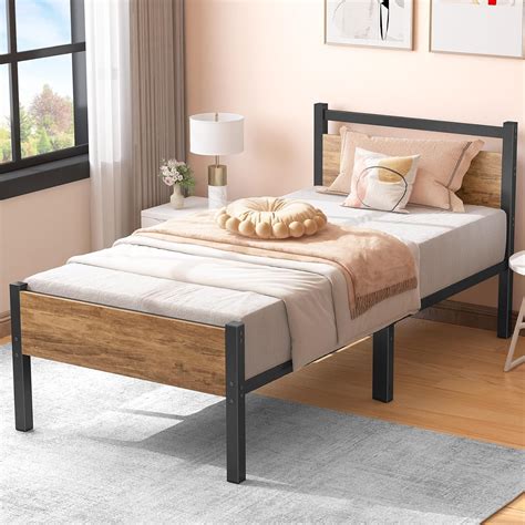 Musen Twin Wood Bed Frame with Headboard 12.4 Inch Metal Platform Bed