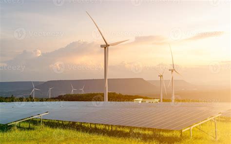 Sustainable energy. Solar and wind turbines farm. Sustainable resources