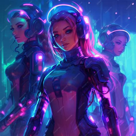 Premium Photo | Cyber girls in neon costumes standing in a dark room