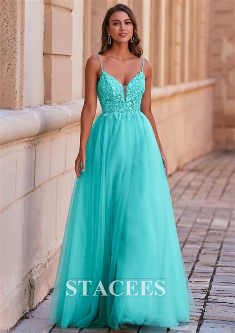 A-line Tulle Prom Dress V Neck Floor-Length with Appliqued S8418P