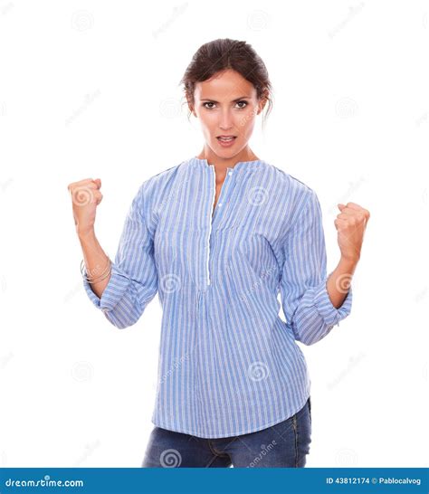 Satisfied Latin Lady with Winning Fists Stock Photo - Image of shirt