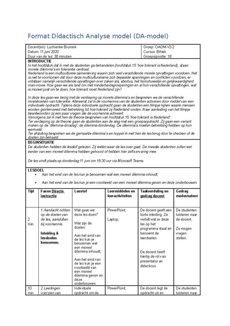 Gegeven les Ethiek - Format Didactisch Analyse model (DA-model) Docent