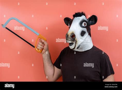 costumed person with a cow's head mask holding a saw with pink ...