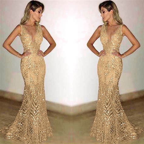 yinguo womens evening dress gold prom dress bling sequined ladies long ...