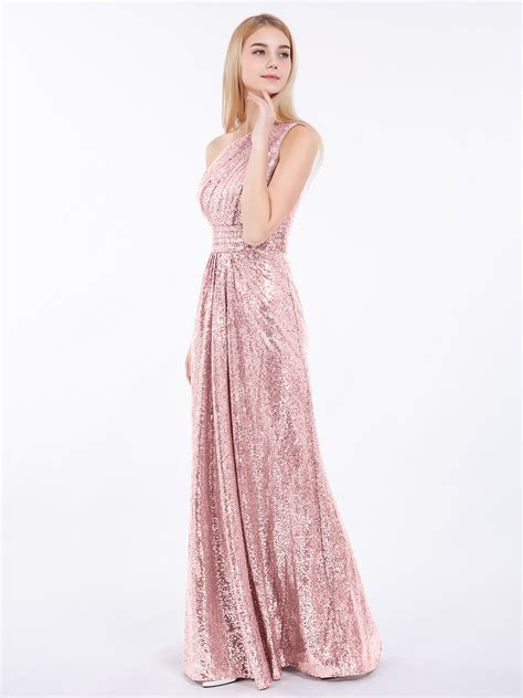 One Shoulder Long Sequins Gown Rose Gold Plus Size – BABARONI
