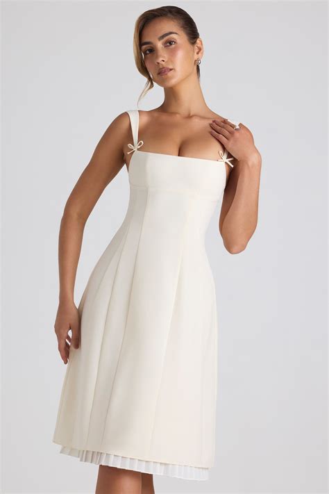 Isadora Bow-Detail Pleated A-Line Midi Dress in Ivory | Oh Polly