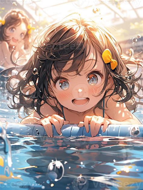 anime girl   swimming pool   yellow rubber duck generative ai