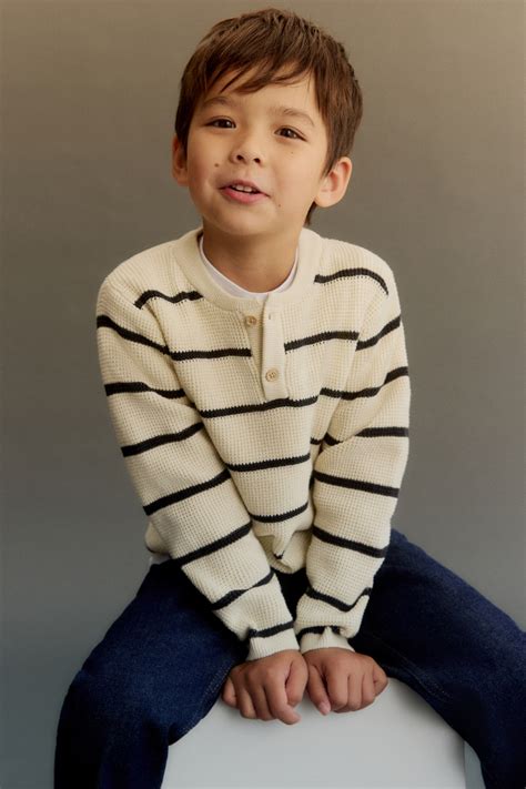 Waffle-knit Henley Sweater - Cream/black striped - Kids | H&M US