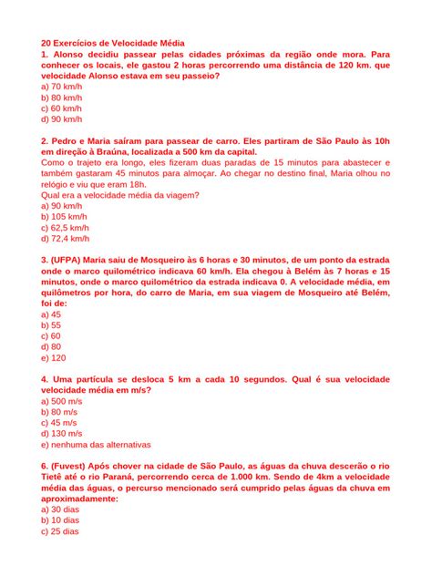 Exercicios Velocidade Media 9 Ano Com Gabarito - 20 Exercícios de Velocidade Média com Gabarito | PDF | Velocidade | Tempo