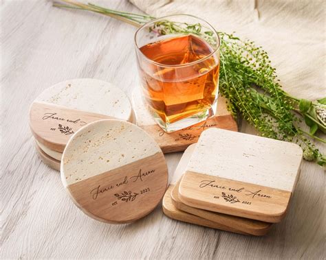 Personalized Travertine Wood Coasters, Custom Engraved Coaster Set, Bridal Shower Gifts, Wedding