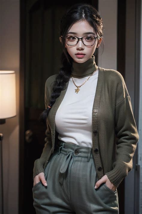 A woman wearing glasses and a green jacket standing in a room - SeaArt AI