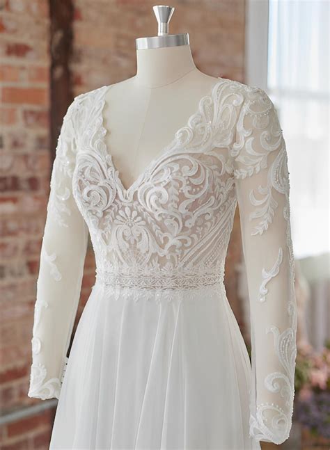 A-Line V-Neck Long Sleeves Sweep Train Wedding Dresses With Appliques