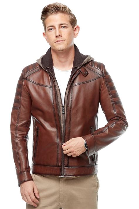 Men's 100 % Real Brown Leather Hooded Stylish Jacket