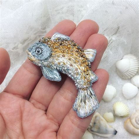 Beaded Fish Pin (Pendant) - Embroidered brooch - Embroidered Fish ...
