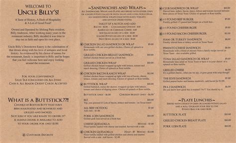 uncle billys  menus  items   listed facebook
