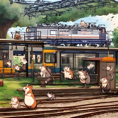Cartoon of a train station with cats and dogs on the tracks - SeaArt AI