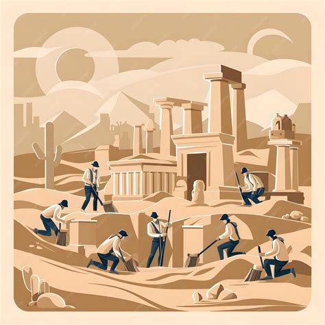 Archeologists Excavating Ancient Ruins in a Desert Vector Illustartion