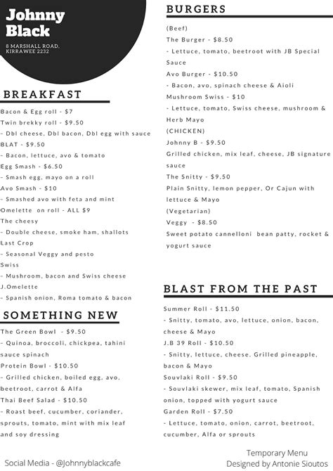 Menu at Johnny Black cafe, Kirrawee