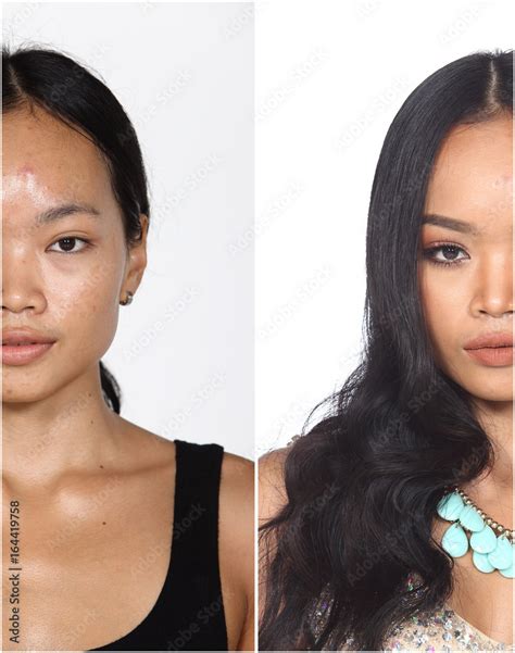 Tan Skin Asian Woman before and after make up and hair do style dresser ...