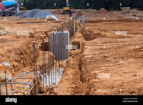 Trench is dug for concrete foundation at construction site trench is ...