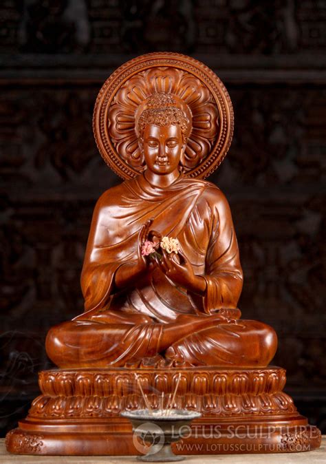 Dark Wood Carving Seated Buddha in Dharma Chakra Mudra with Large Halo