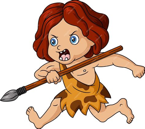 Premium Vector | Cute cave girl cartoon hunting with spear