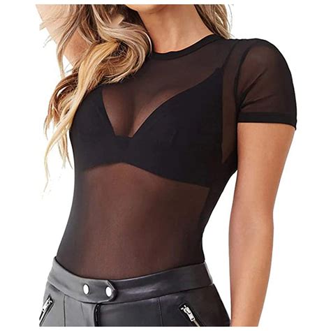 Women's T-Shirts Sexy Short Sleeve Mesh Base Blouse See Through Top for